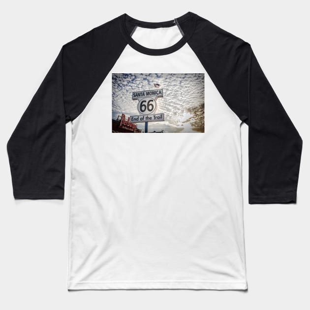 End of Trail Route 66 Santa Monica Baseball T-Shirt by Robert Alsop